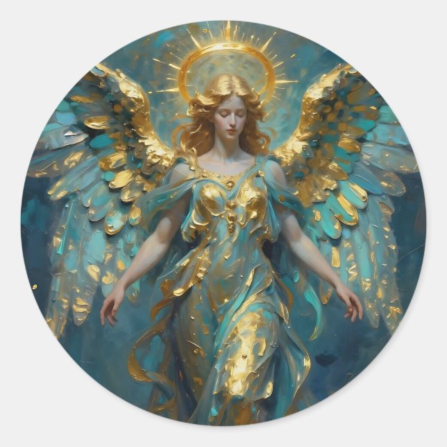 A Beautiful Gold and Turquoise Angel Classic Round Sticker (Front)