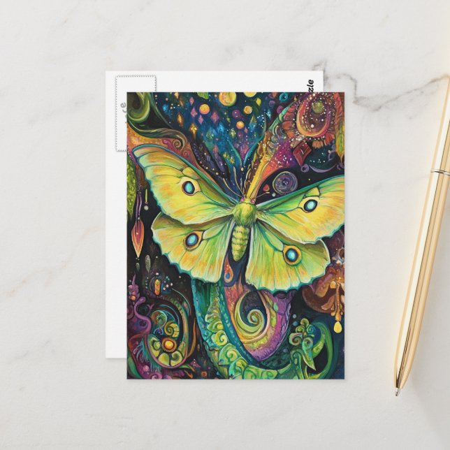 A Beautiful Green Luna Moth Postcard (Front/Back In Situ)