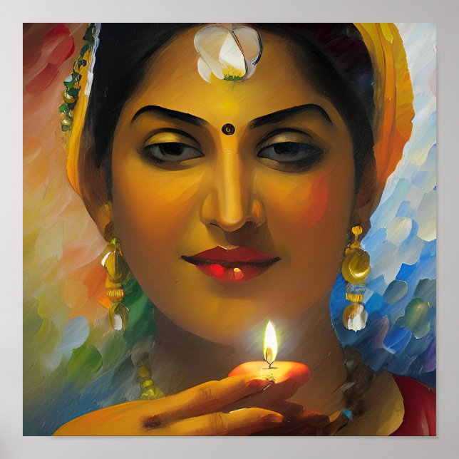 A Beautiful Indian Women with Diwali Oil Lamp Poster (Front)