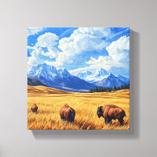 A beautiful landscape with two bison walking throu canvas print