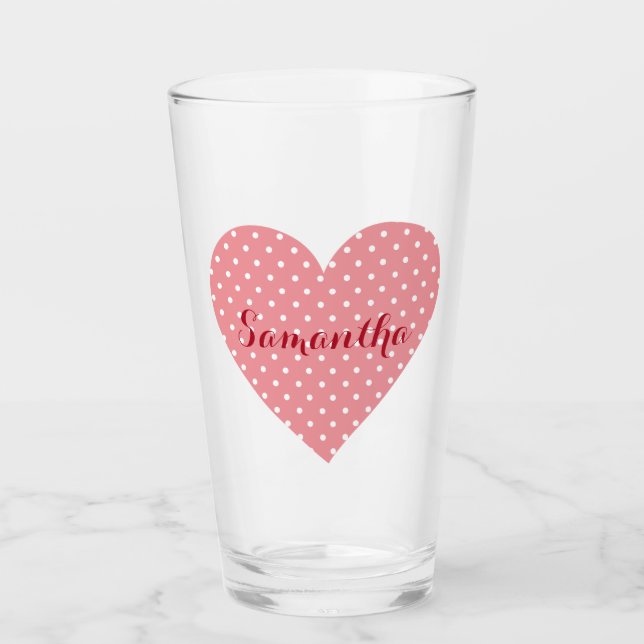 A beautiful pink and white heart polka dot display glass (Front)