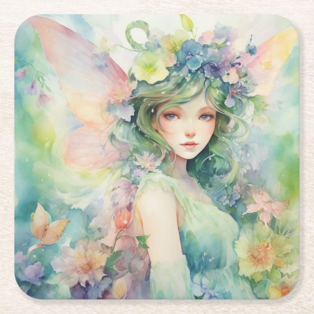 A Beautiful Spring Fairy Square Paper Coaster (Front)