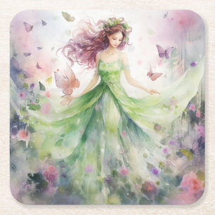 A Beautiful Spring Fairy Square Paper Coaster