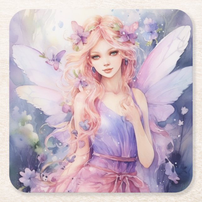 A Beautiful Spring Fairy Square Paper Coaster (Front)