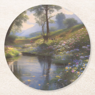 A beautiful summer river landscape round paper coaster
