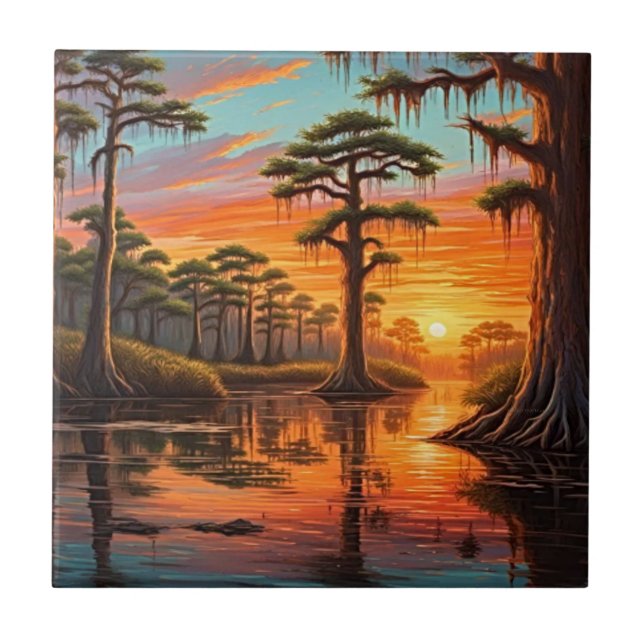A beautiful sunset down on the Bayou Ceramic Tile (Front)