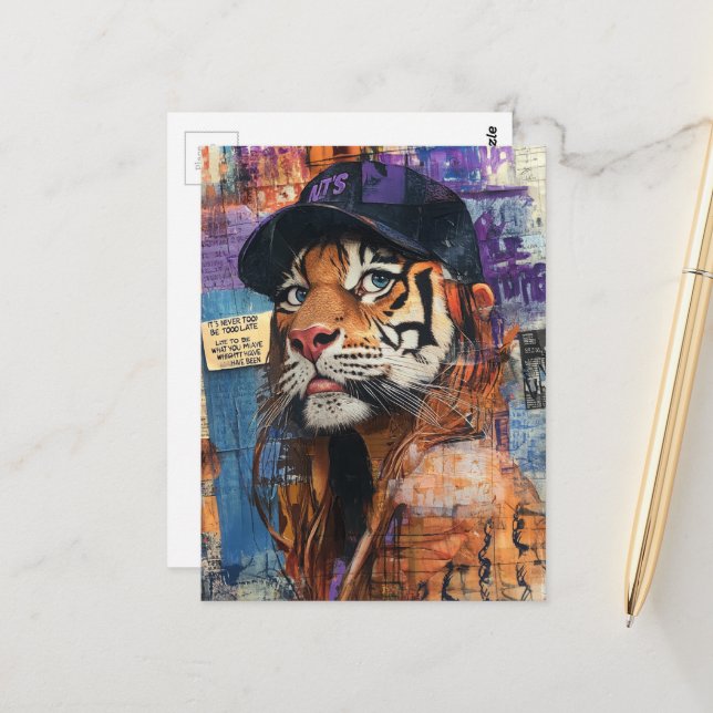 A Beautiful Tiger in a Baseball Hat Postcard (Front/Back In Situ)
