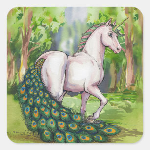 A Beautiful Unicorn Peacock Square Sticker