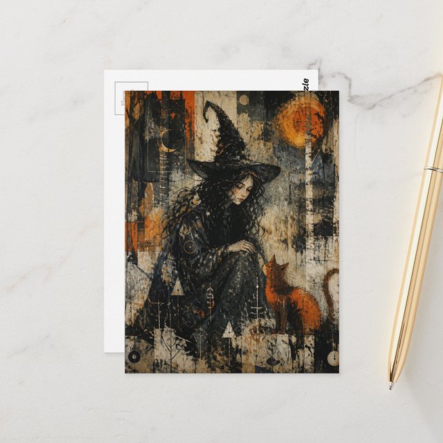 A Beautiful Witch and her Ginger Cat Postcard (Front/Back In Situ)