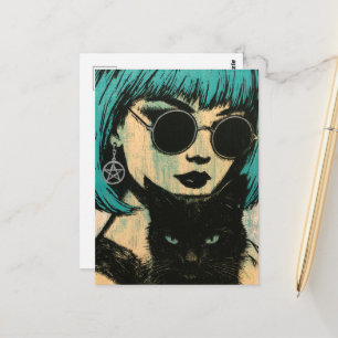 A beautiful witch with her black cat postcard