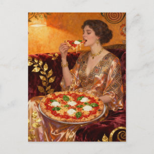 A Beautiful Woman Eating Pizza Postcard