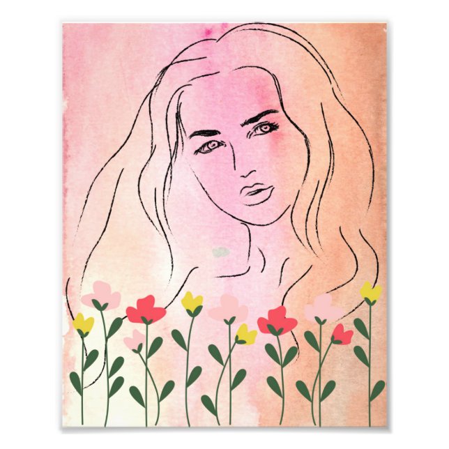 A Beautiful Woman & Flowers, Line art design Photo Print (Front)