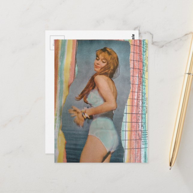 A Beautiful Woman in 1957 on the beach collage Postcard (Front/Back In Situ)