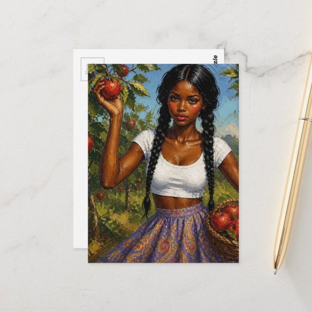 A Beautiful Woman Picking Appples Postcard (Front/Back In Situ)