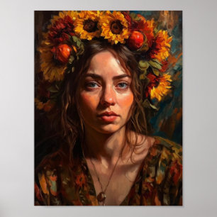 A Beautiful Woman With Sunflowers in Her Hair Poster