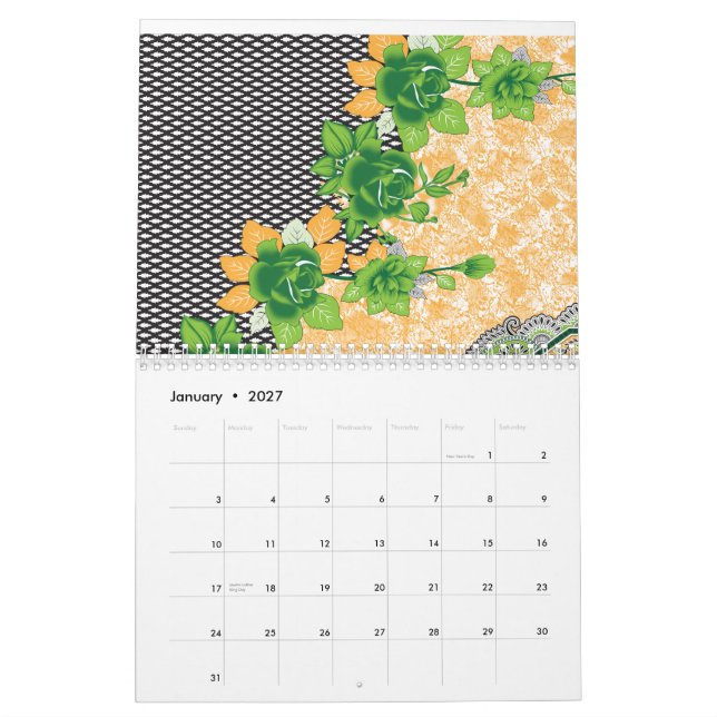 A beautifully crafted pattern of green and orange  calendar (Jan 2027)
