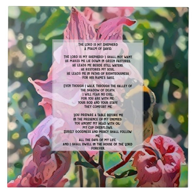 a bee in a garden with Psalm 23 Ceramic Tile (Front)