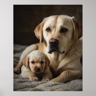 A beige Labrador Female Holding A Newborn Puppy Poster