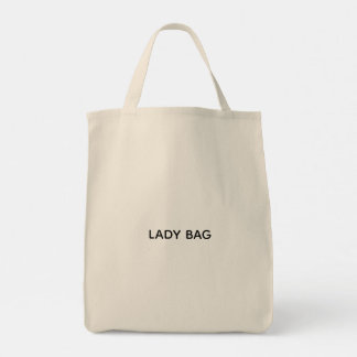 A beige tote bag with the text "LADY BAG" printed 