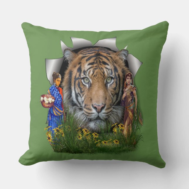 A Bengal Tiger habitat with Indian girls Cushion (Front)