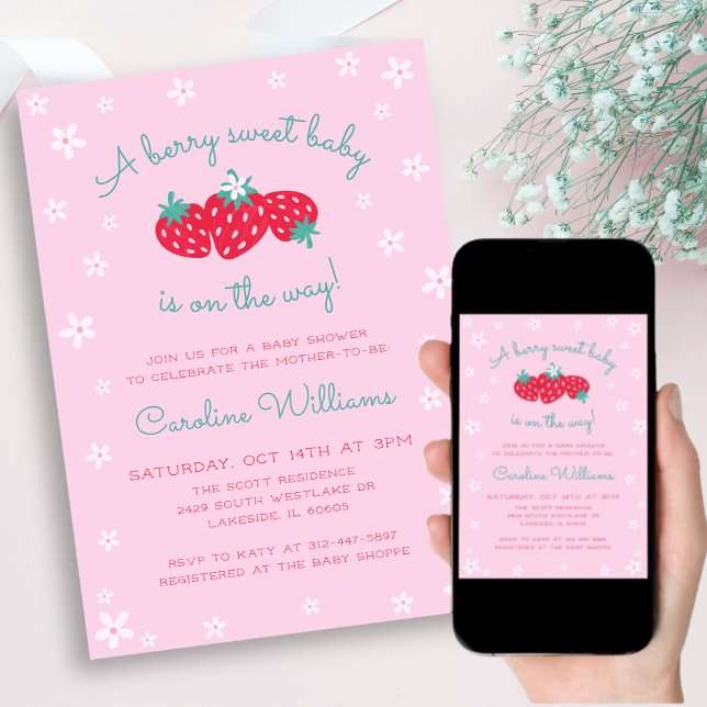 A Berry Sweet Baby is on the Way Strawberry Pink Invitation (Creator Uploaded)
