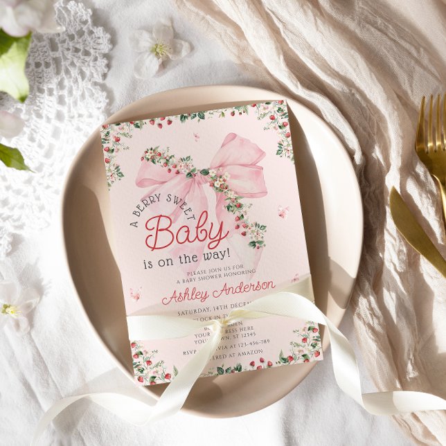 A Berry Sweet Baby Pink Bow Girl Baby Shower Invitation (Creator Uploaded)