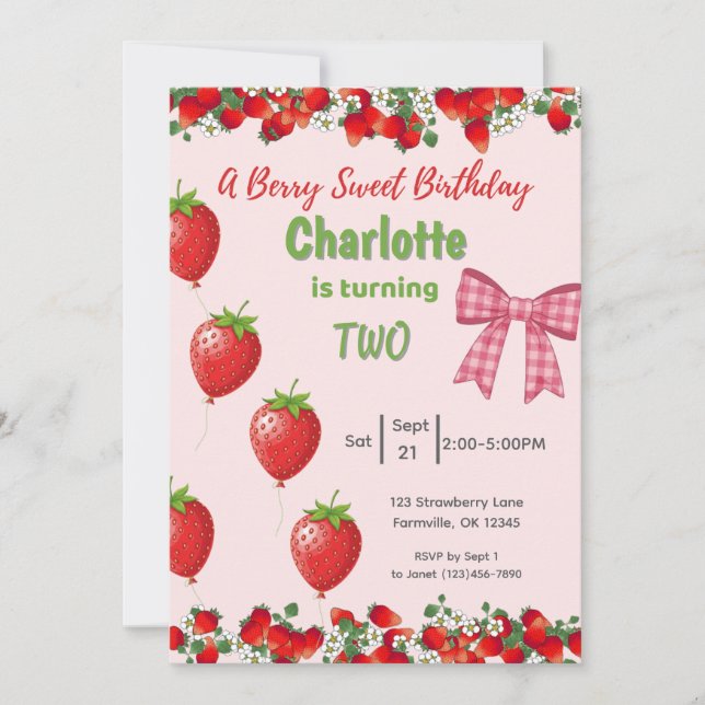 A Berry Sweet Birthday- Strawberry Pink Invitation (Front)
