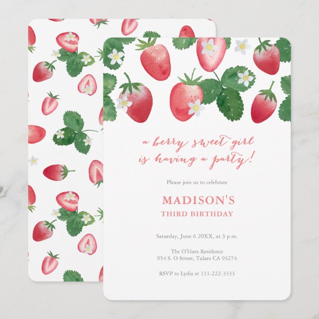 A Berry Sweet Girl Strawberry Birthday Party Invitation (Front/Back)