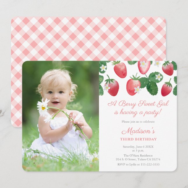 A Berry Sweet Girl Strawberry Theme Party Picture Invitation (Front/Back)