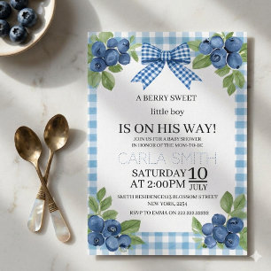 A Berry Sweet Little Boy Blue Gingham Baby Shower Invitation