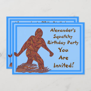 A Bigfoot Walking Sasquatch Blue Birthday Party Invitation