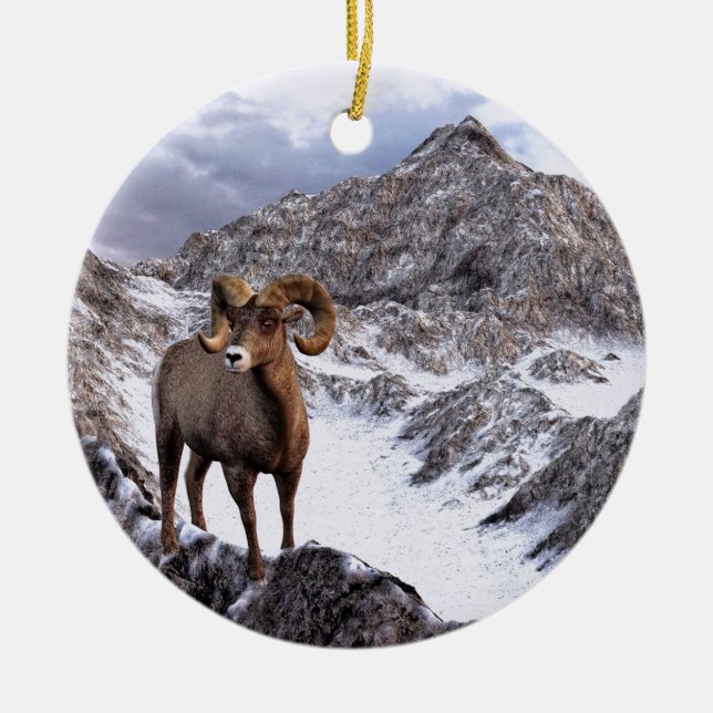 A Bighorn Sheep looks into the valley Ceramic Tree Decoration (Front)