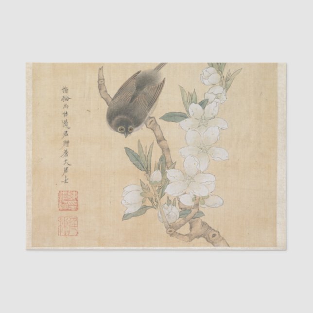 A Bird and Peach Blossom Branch by Chen Hongshou Tissue Paper (Front)