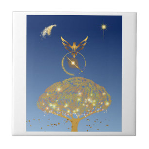 A bird flying over a golden tree ceramic tile