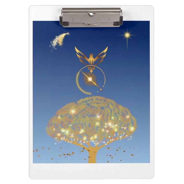 A bird flying over a golden tree clipboard (Front)