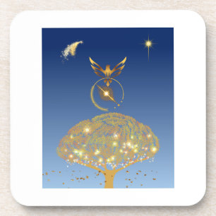 A bird flying over a golden tree coaster