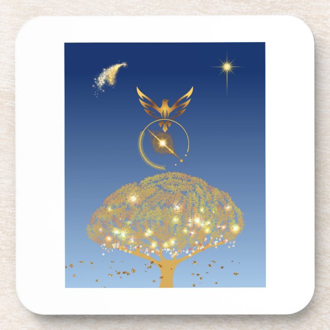 A bird flying over a golden tree coaster (Front)