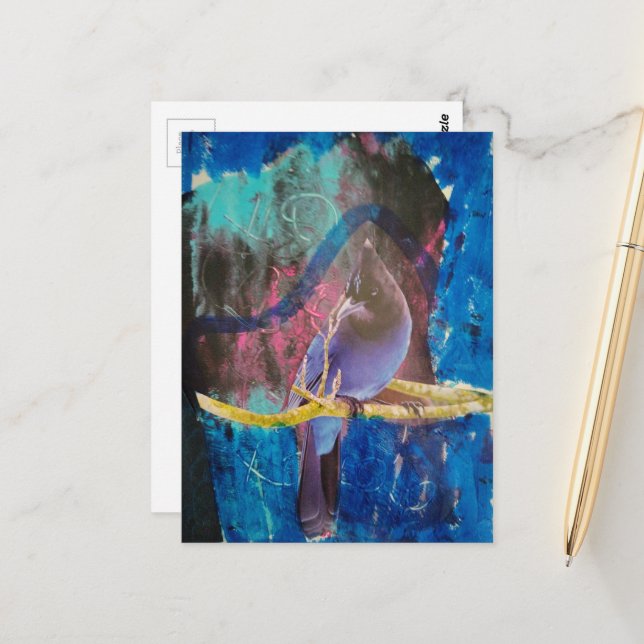 A Bird That is Blue Mixed Media Collage Postcard (Front/Back In Situ)