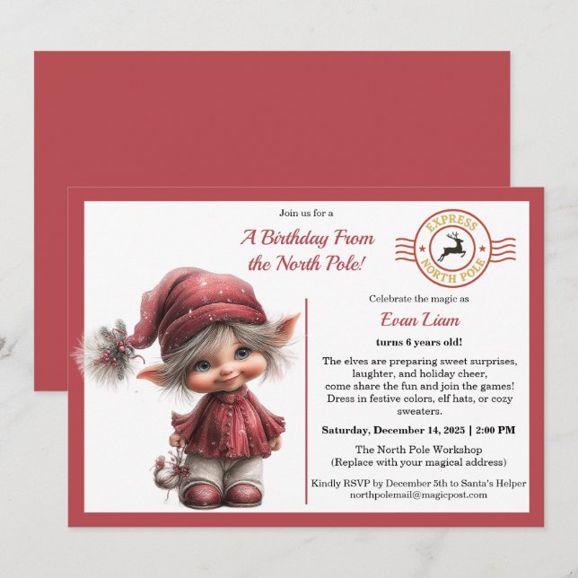 A Birthday From the North Pole | Whimsical Elf  Invitation (Front/Back)