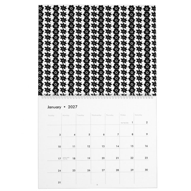 a black and white background with a lot of dots calendar (Jan 2027)