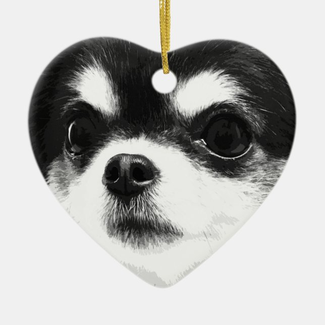 A black and white Chihuahua Ceramic Tree Decoration (Front)