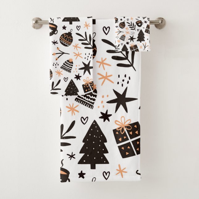 A Black and White Christmas Pattern Bath Towel Set (Insitu)