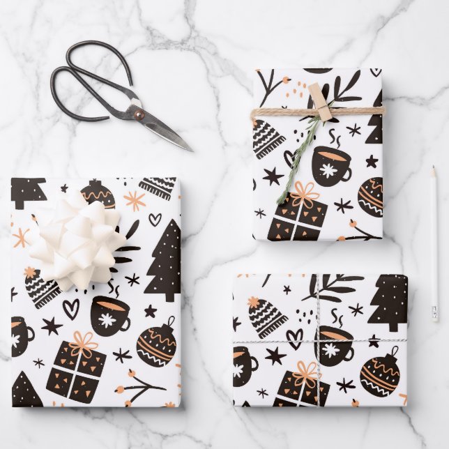 A Black and White Christmas Pattern Wrapping Paper Sheet (Front)