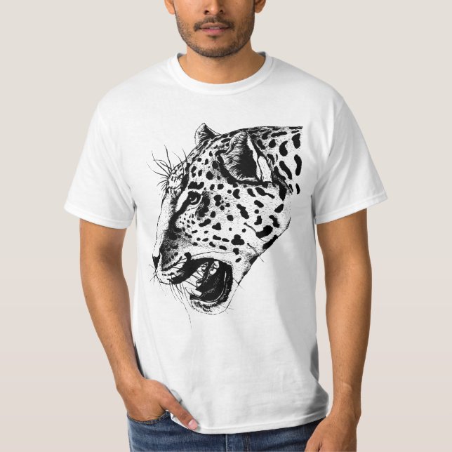 A Black and White Hand Drawn Leopard Illustration T-Shirt (Front)