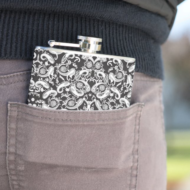 a black and white paisley pattern hip flask (In Situ)