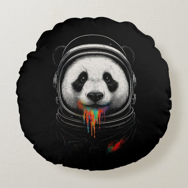 A black and white panda bear wearing a space suit round cushion (Front)