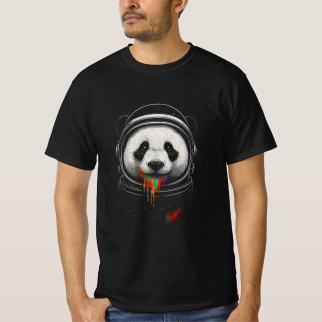 A black and white panda bear wearing a space suit T-Shirt (Front)