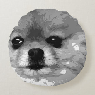 A black and white Pomeranian Round Cushion