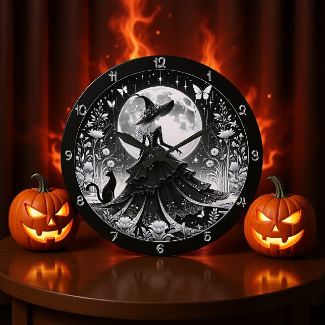 A Black and White Witch with Cat Large Clock (Creator Uploaded)