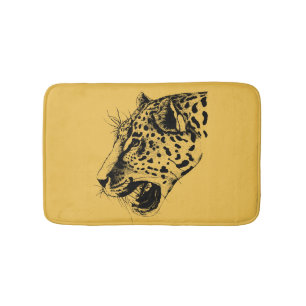A Black and Yellow Hand Drawn Leopard Illustration Bath Mat
